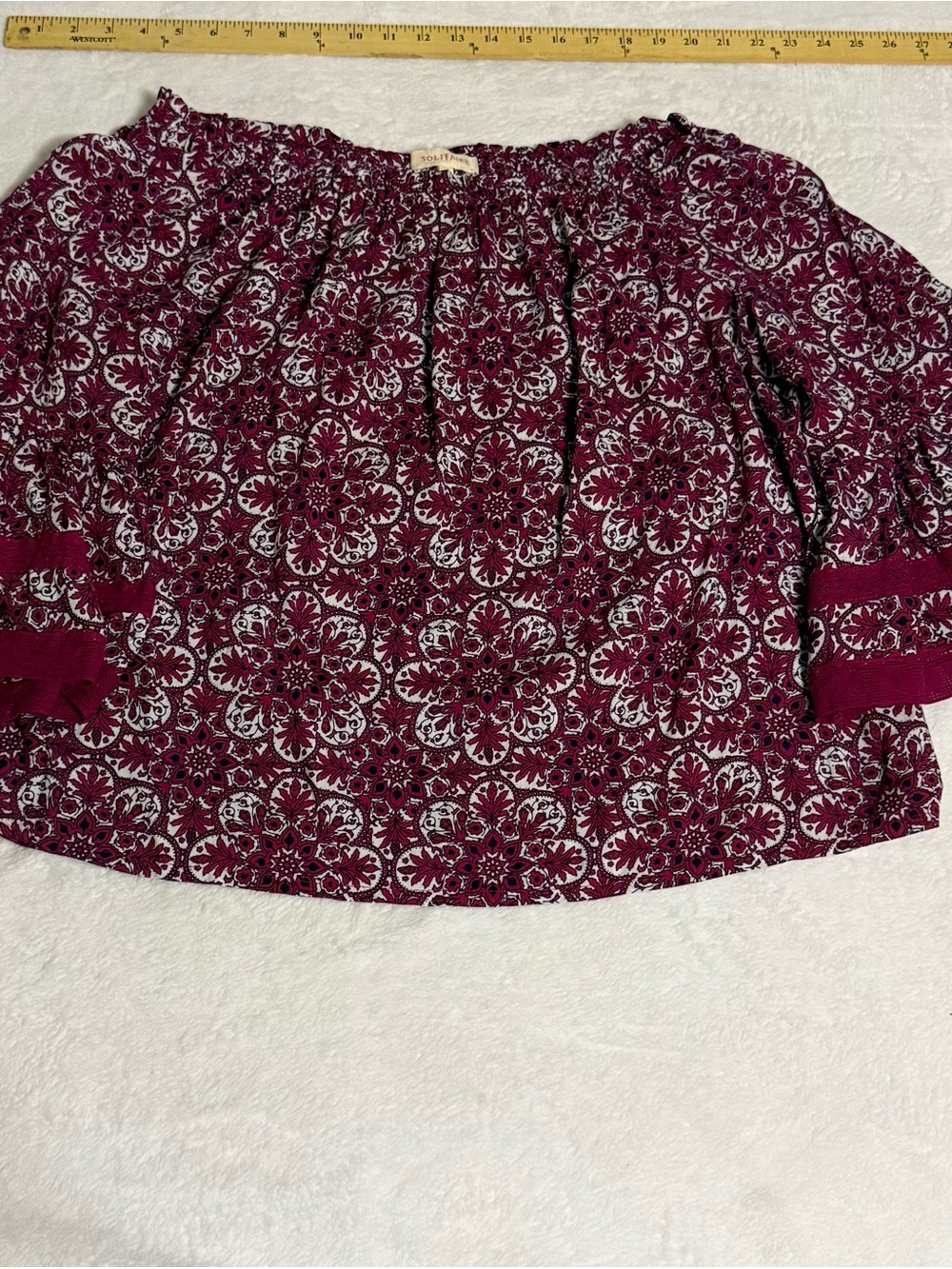 Solitaire Women’s Large Burgundy Floral Off Shoulder Bell Sleeve Boho Peasant